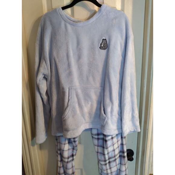 Joyspun Pajama Set Sloth Jogger Blue Plaids Sz 14 Pockets Fuzzy Cozy - Picture 1 of 11